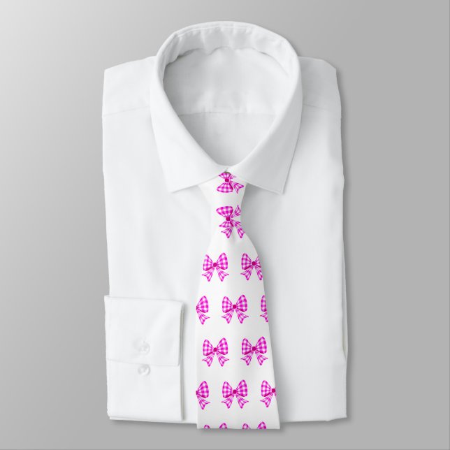Pink-white gingham bow pattern tie (Tied)