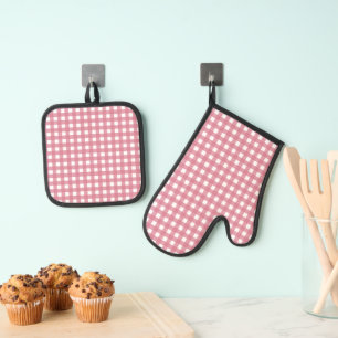 Pink White Gingham Check Plaid Oven Mitt & Pot Holder Set