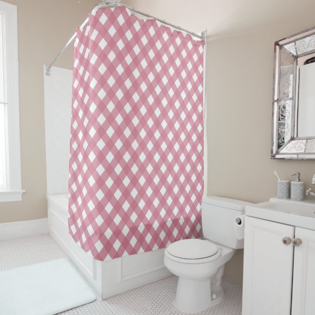 Pink White Gingham Check Plaid Shower Curtain (In Situ)