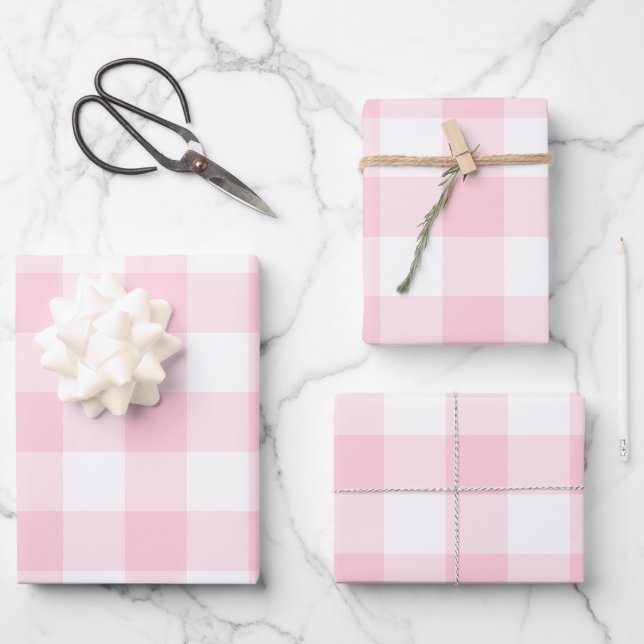 Pink White Gingham Check Plaid Wrapping Paper Sheet (Front)