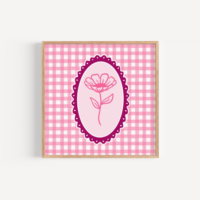Pink & White Gingham & Frame Floral Art Poster (Creator Uploaded)