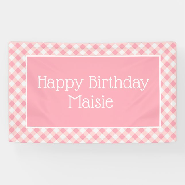Pink White Gingham Little Girl's Happy Birthday Banner (Horizontal)