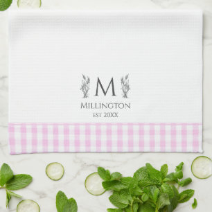 Pink & White Gingham Personalised Monogram Custom Tea Towel
