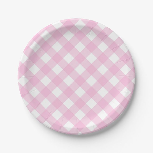 Pink & White Gingham Plaid Paper Plates (Front)