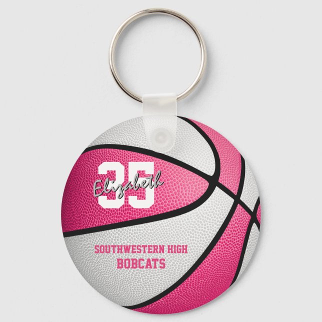 pink white girl's basketball gifts w team name key ring (Front)