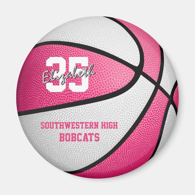 pink white girl's basketball gifts w team name magnet (Front)