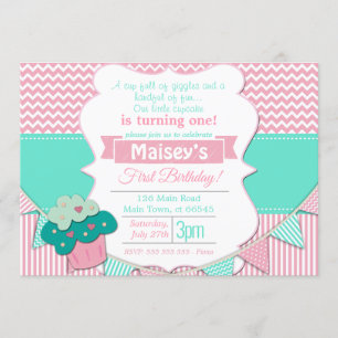 Pink & White Girls Cupcake Blackboard 1st Birthday Invitation