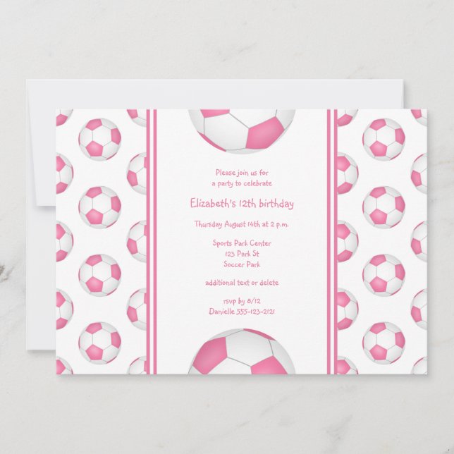 pink white girl's soccer birthday or team party invitation (Front)