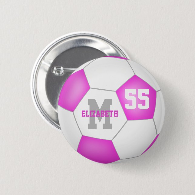 pink white girls soccer personalized 6 cm round badge (Front & Back)