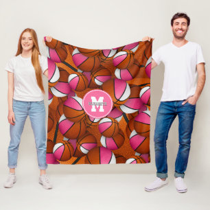 pink white girly basketballs monogrammed fleece blanket