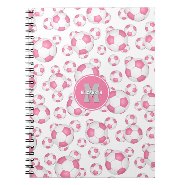 pink white girly sports soccer balls pattern  notebook (Front)