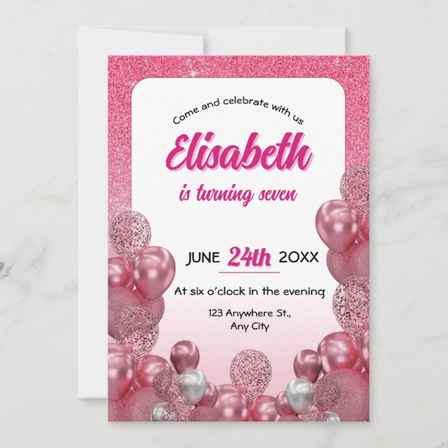 Pink & White Glitter Girl Birthday Invitations (Front)