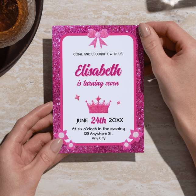 Pink & White Glitter Girl Birthday Invitations (Pink & White Glitter Girl Birthday Invitations - Cute Floral Party Invites)