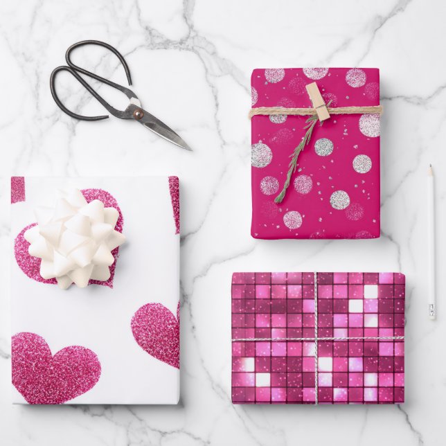 Pink White Glitter Heart Checkered  Wrapping Paper Sheet (Front)