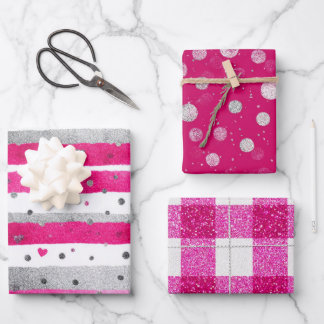 Pink White Glitter Heart Checkered  Wrapping Paper Sheet