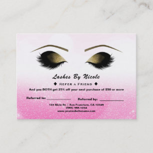 Pink White Glitter Lashes Refer Friend Aftercare Referral Card