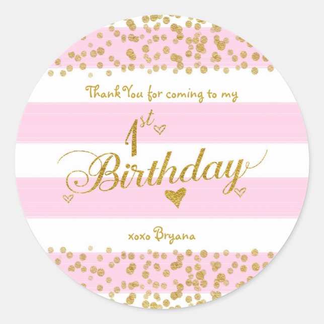 Pink White & Gold 1ST BIRTHDAY Party Girl Stickers (Front)