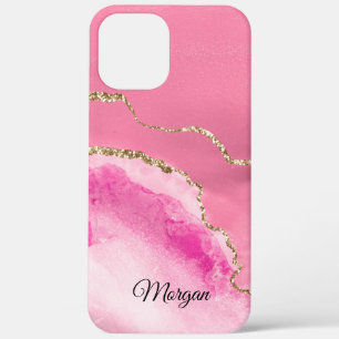 Pink, White & Gold Agate, DIY Script Name Black iPhone 12 Pro Max Case