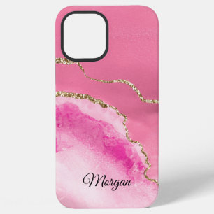 Pink, White & Gold Agate, DIY Script Name Black iPhone 12 Pro Max Case