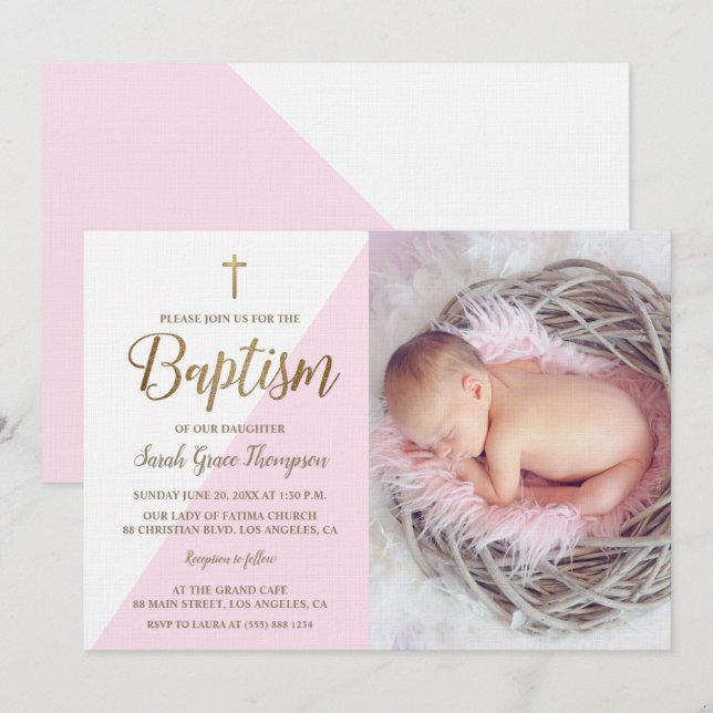 Pink White Gold Baptism baby girl photo Invitation (Front/Back)