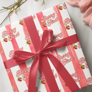 Pink White Gold Berry First Birthday Strawberry Wrapping Paper