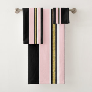 Pink & White Gold Black Stripe Bathroom Towel Sets