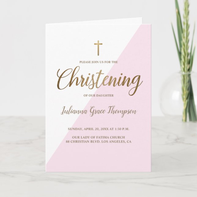 Pink White Gold Cross Christening baby Girl photo Invitation (Front)