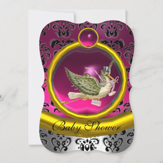 PINK WHITE GOLD DAMASK STORK BABY SHOWER MONOGRAM INVITATION (Front)