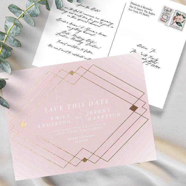 Pink White Gold Deco Lines Save The Date Wedding  Postcard (Creator Uploaded)