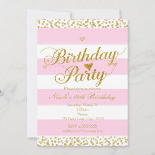 Pink White & Gold Heart BIRTHDAY PARTY Invitations