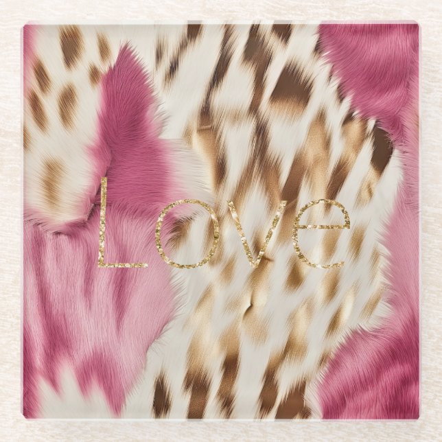 Pink White Gold Southwest Cowgirl Glitter Love Glass Coaster (Front)