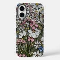 Pink White Gold Wildflowers Stained Glass Effect