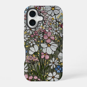Pink White Gold Wildflowers Stained Glass Effect iPhone 16 Case