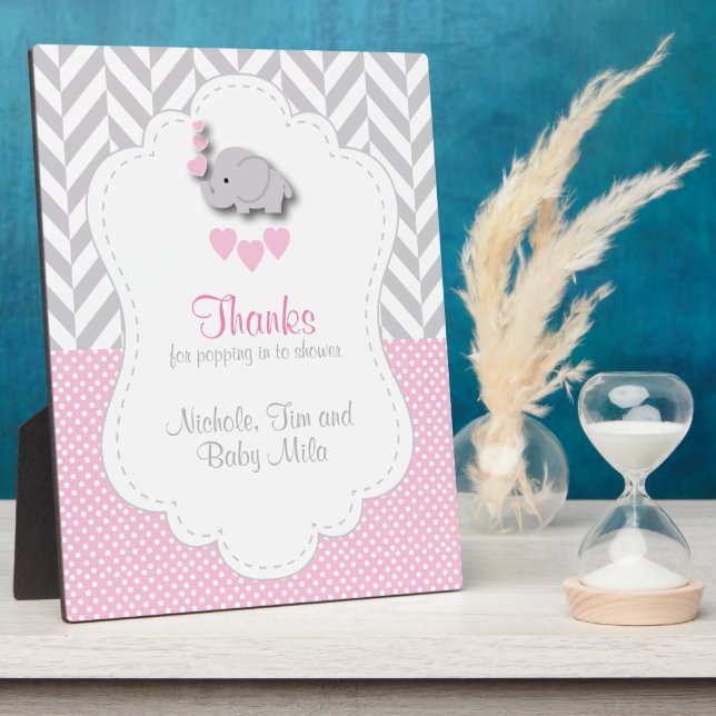 Pink, White Gray Elephant Baby Shower Thank You Plaque (Side)