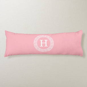 Pink White Greek Key Rnd Frame Initial Monogram Body Cushion