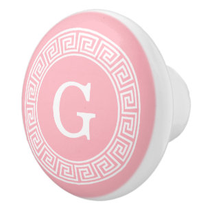 Pink White Greek Key Rnd Frame Initial Monogram Ceramic Knob