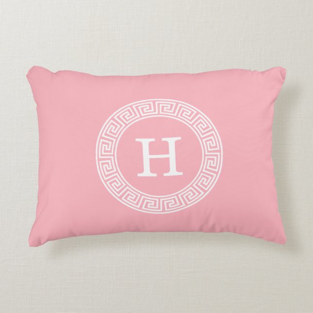 Pink White Greek Key Rnd Frame Initial Monogram Decorative Cushion (Front)