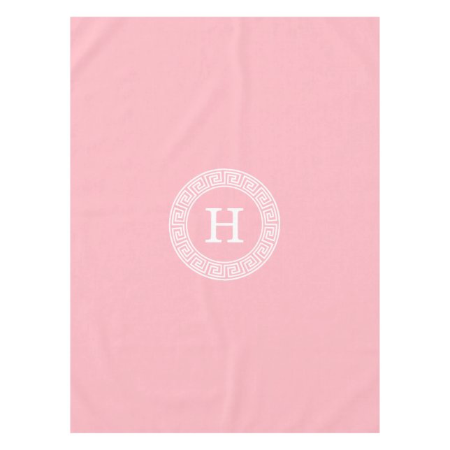 Pink White Greek Key Rnd Frame Initial Monogram Tablecloth (Front)