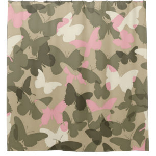 "PINK, WHITE & GREEN BUTTERFLY CAMO" SHOWER CURTAIN