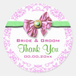 Pink white green damask wedding classic round sticker