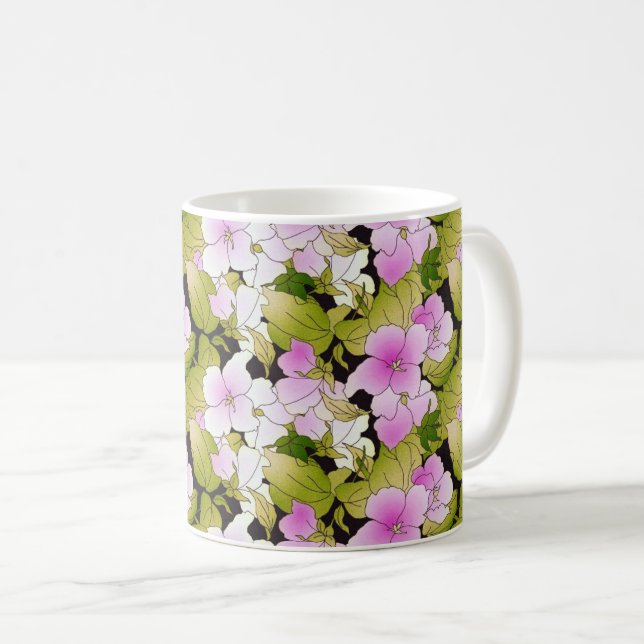 Pink White Green Floral Pattern Background Coffee Mug (Front Right)