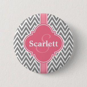 Pink White Grey Chevron Pattern and Monogram 6 Cm Round Badge