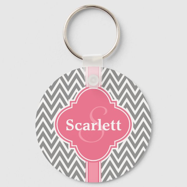 Pink White Grey Chevron Pattern and Monogram Key Ring (Front)