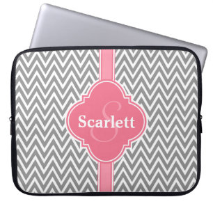 Pink White Grey Chevron Pattern and Monogram Laptop Sleeve