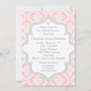 Pink, white, grey damask wedding bridal shower invitation