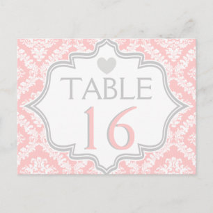 Pink, white, grey damask wedding table number postcard