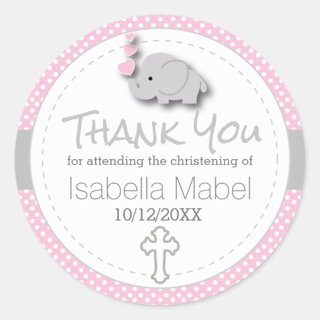 Pink, White Grey 🐘 Elephant Baby Christening Classic Round Sticker (Front)