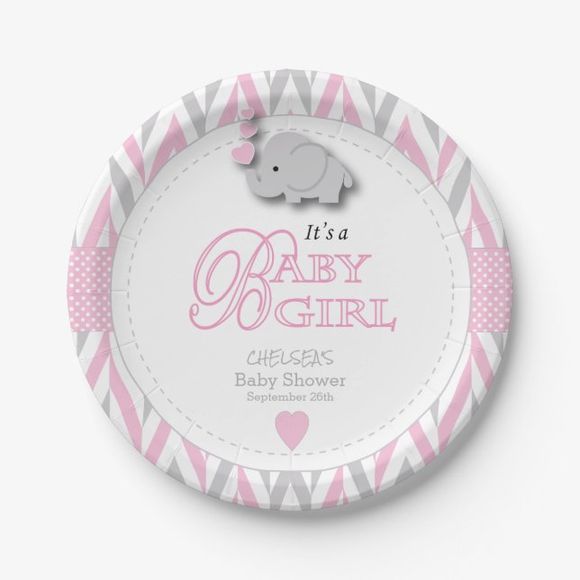 Pink, White Grey Elephant Baby Shower 2 Paper Plate (Front)