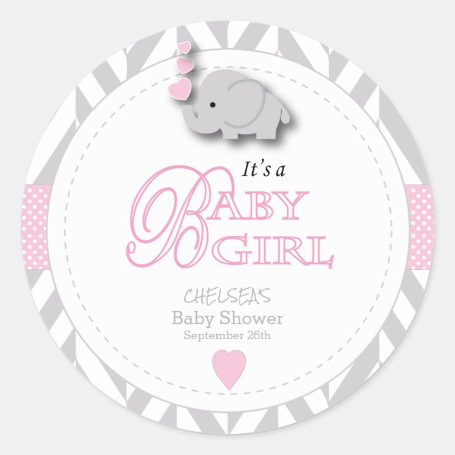 Pink, White Grey Elephant Baby Shower Classic Round Sticker (Front)