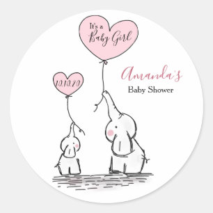 Pink, White Grey Elephant Baby Shower Classic Round Sticker